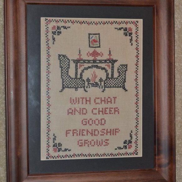 HANDMADE VINTAGE FRAMED FOLK ART NEEDLEPOINT EMBROIDERY SAMPLER CROSS STITCH